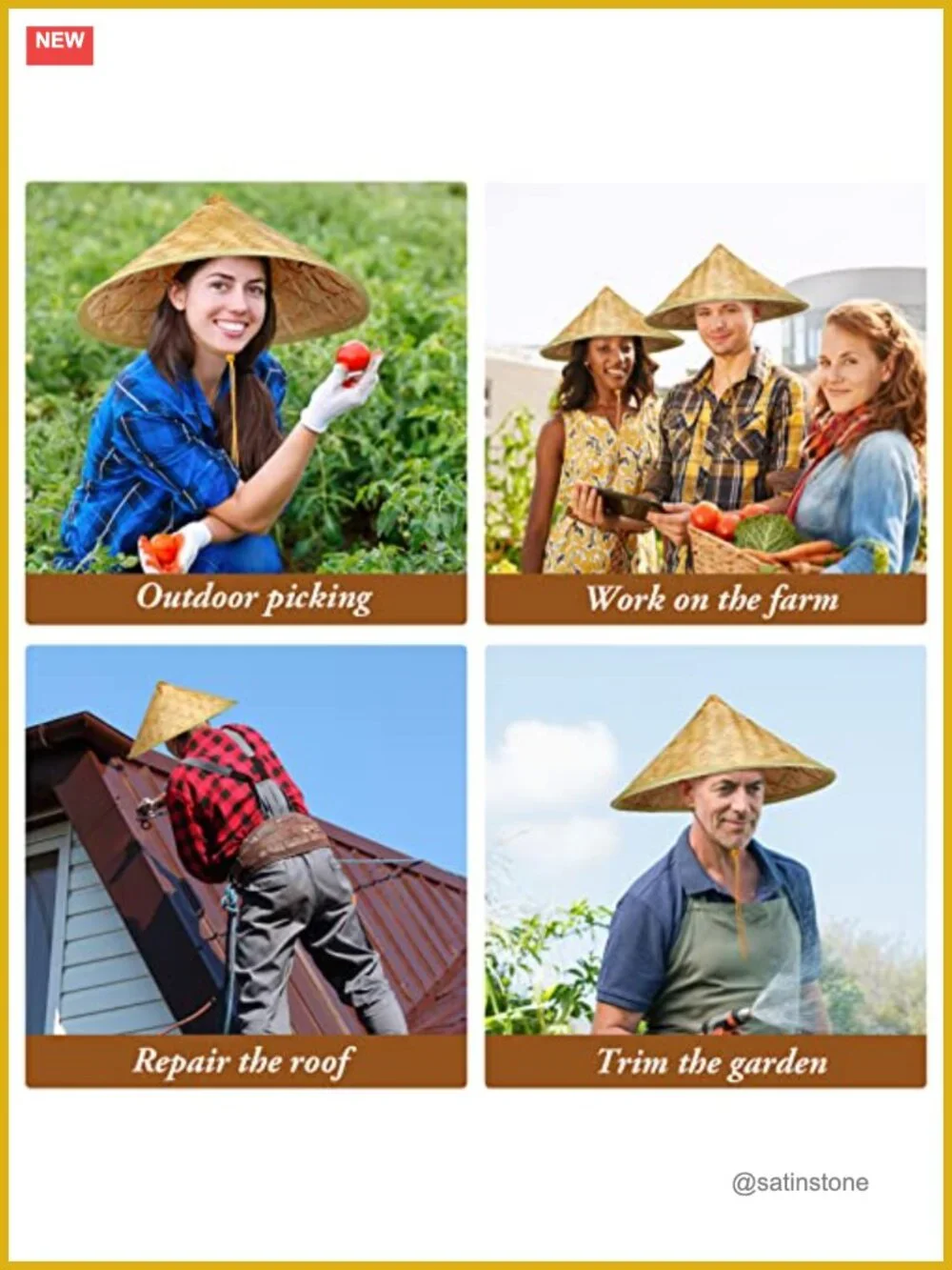 6 Pack Traditional Bamboo Conical Sun Hats with Chin Strap for Outdoor